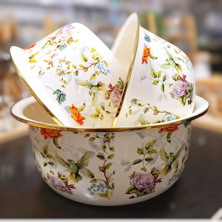 لگن سه تیکه لعابی طرح گل و پرنده