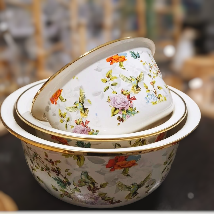 لگن سه تیکه لعابی طرح گل و پرنده