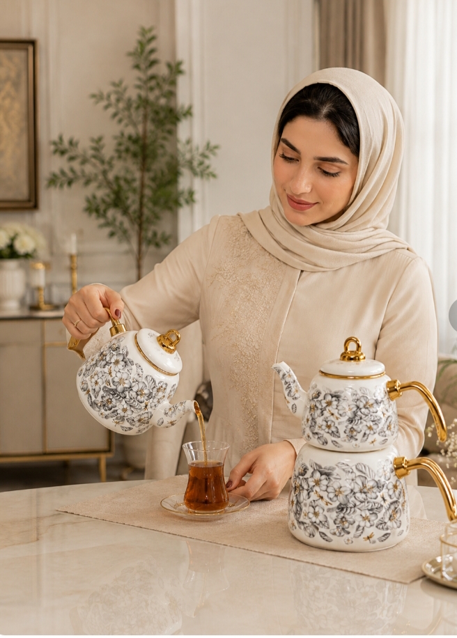 کتری قوری لعابی گل طوسی